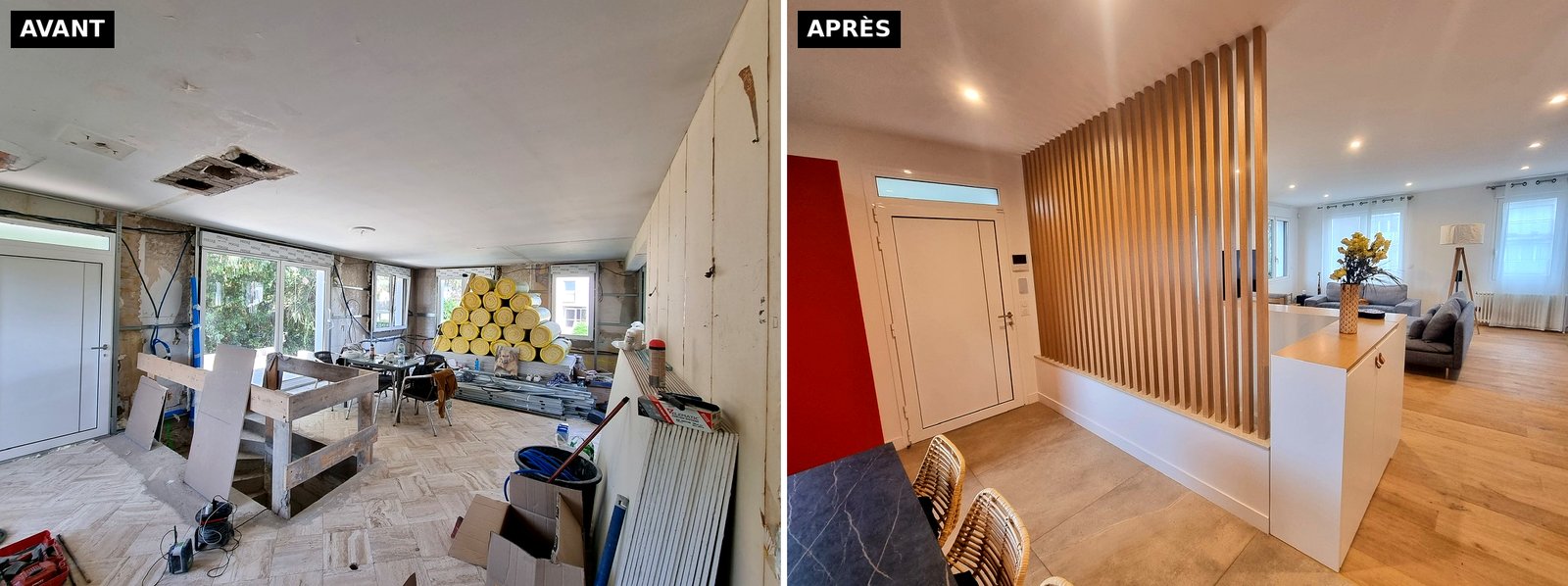 Avant / après de l'entrée d'une maison à Fontenay-aux-Roses : pièce en travaux avec cloisons déposées, puis entrée séparée du séjour par un claustra en bois.