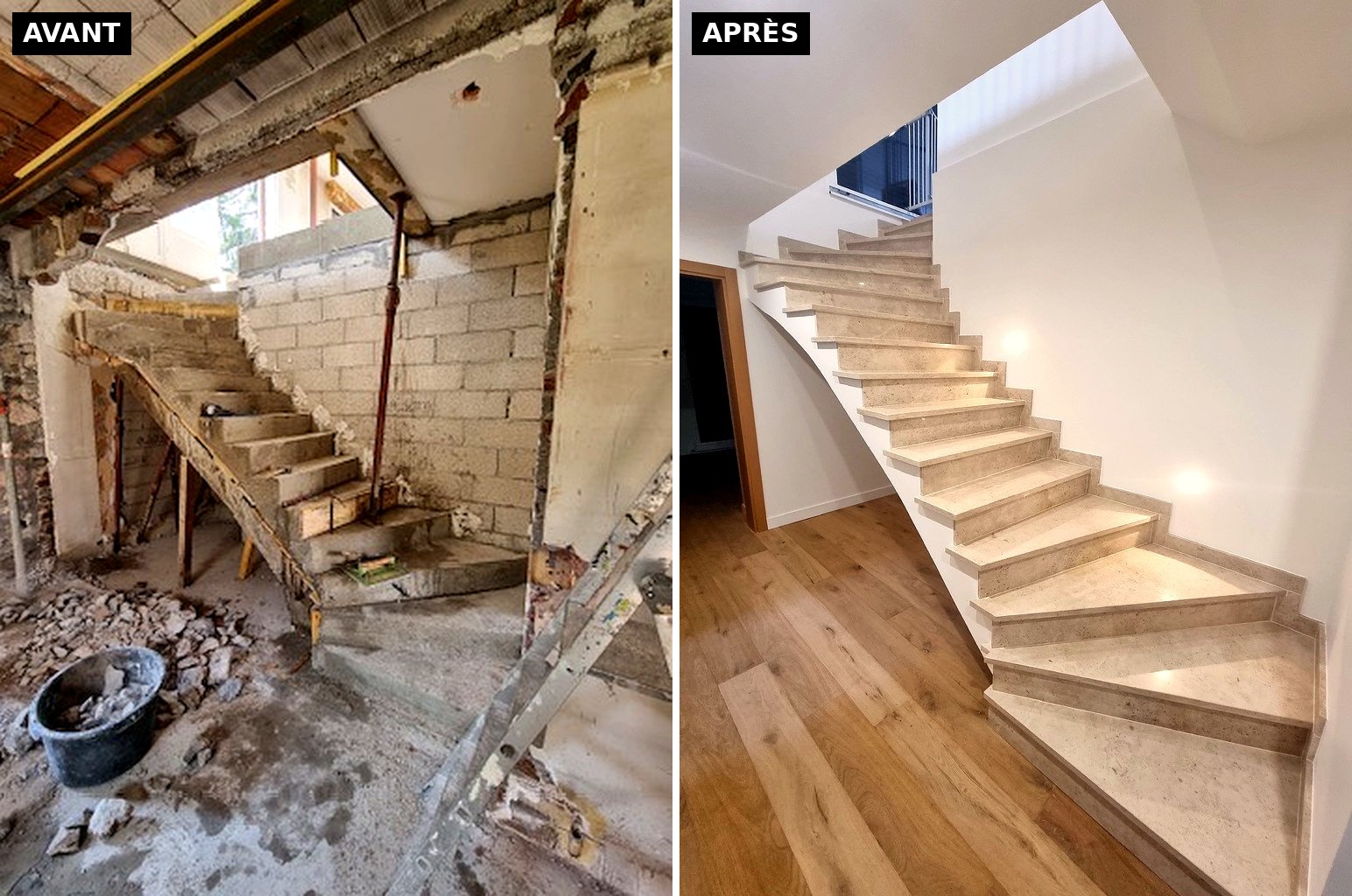 Avant / après de l'escalier : structure béton coffrée et étayée pendant les travaux, puis escalier fini habillé de pierre naturelle.